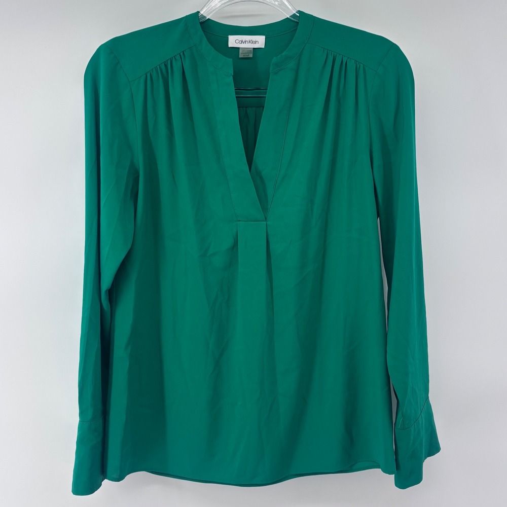 Calvin Klein Womens Blouse‎ Top Long Sleeve V Neck Green Size S